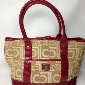 LIZ CLAIBORNE HANDBAG WITH FRONT POCKETS COMPARTMENTS  BEIGE RED - INSIDE PURSE!